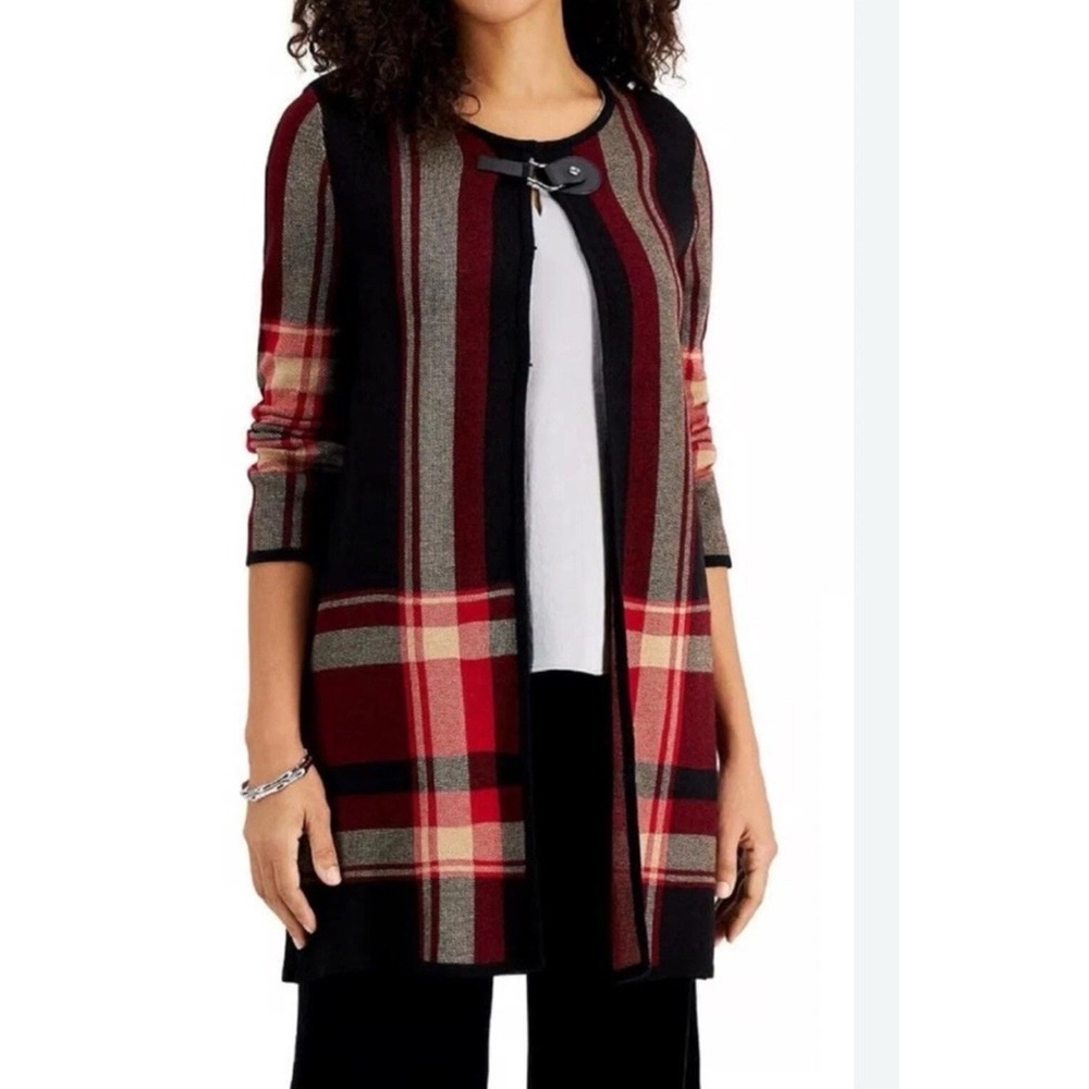 Anne Klein Womens 1X Longline Fire Red Multi Knit Cardigan